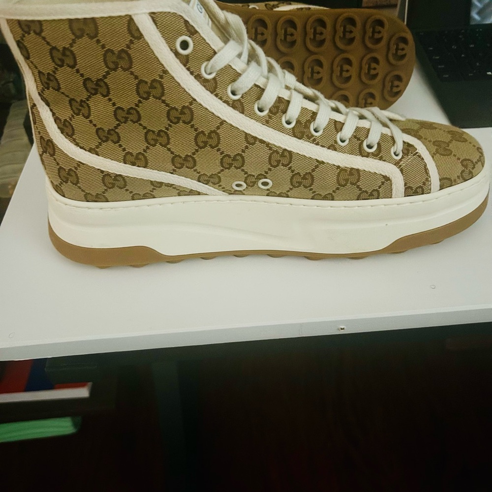Gucci Monogram High-Top Sneakers in Brown and Cream